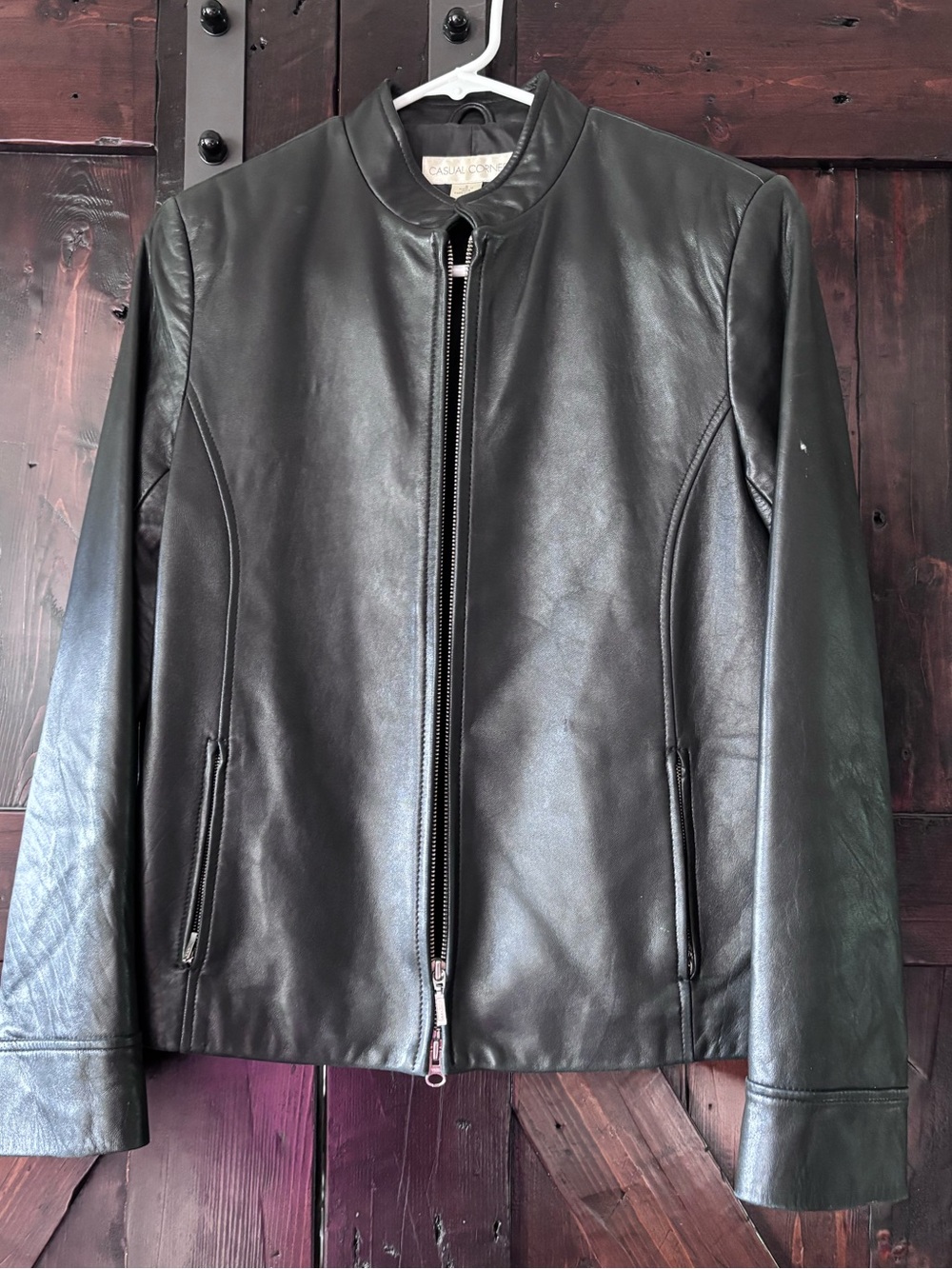 Vintage Casual Corner Leather Jacket Women’s Small Black Minimalist Stand Collar